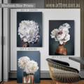 White Peony Dona Flowers Floral Figure 3 Multi Panel Modern Painting Set Rolled Photograph Canvas Print for Room Wall Ornament