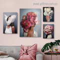 Dame Wings Face Flowers Figure Photograph Floral Stretched 4 Piece Modern Set Canvas Print for Room Wall Artwork Decor