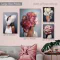 Dame Wings Face Female Modern Floral Rolled 4 Multi Panel Painting Set Photograph Figure Canvas Print for Room Wall Drape
