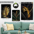 Golden Leaflets Leaves Modern Botanical 3 Multi Panel Stretched Abstract Painting Set Photograph Canvas Print for Room Wall Flourish