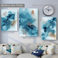 Blue Sinuous Patches Spots Abstract Rolled Modern 3 Multi Panel Painting Set Photograph on Large Canvas Print for Room Adornment