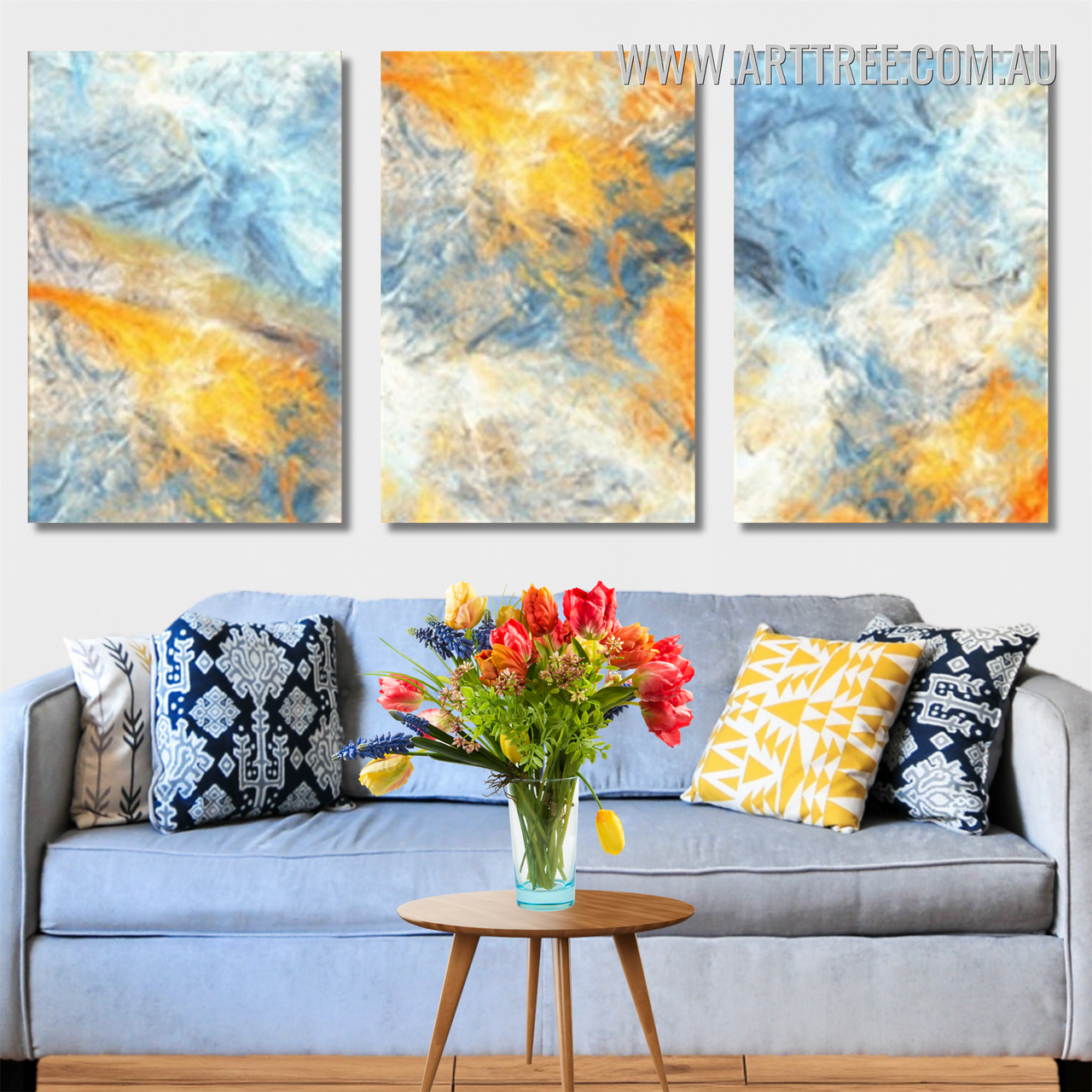Abstract Blue Yellow Piece Framed Canvas Wall Art Prints