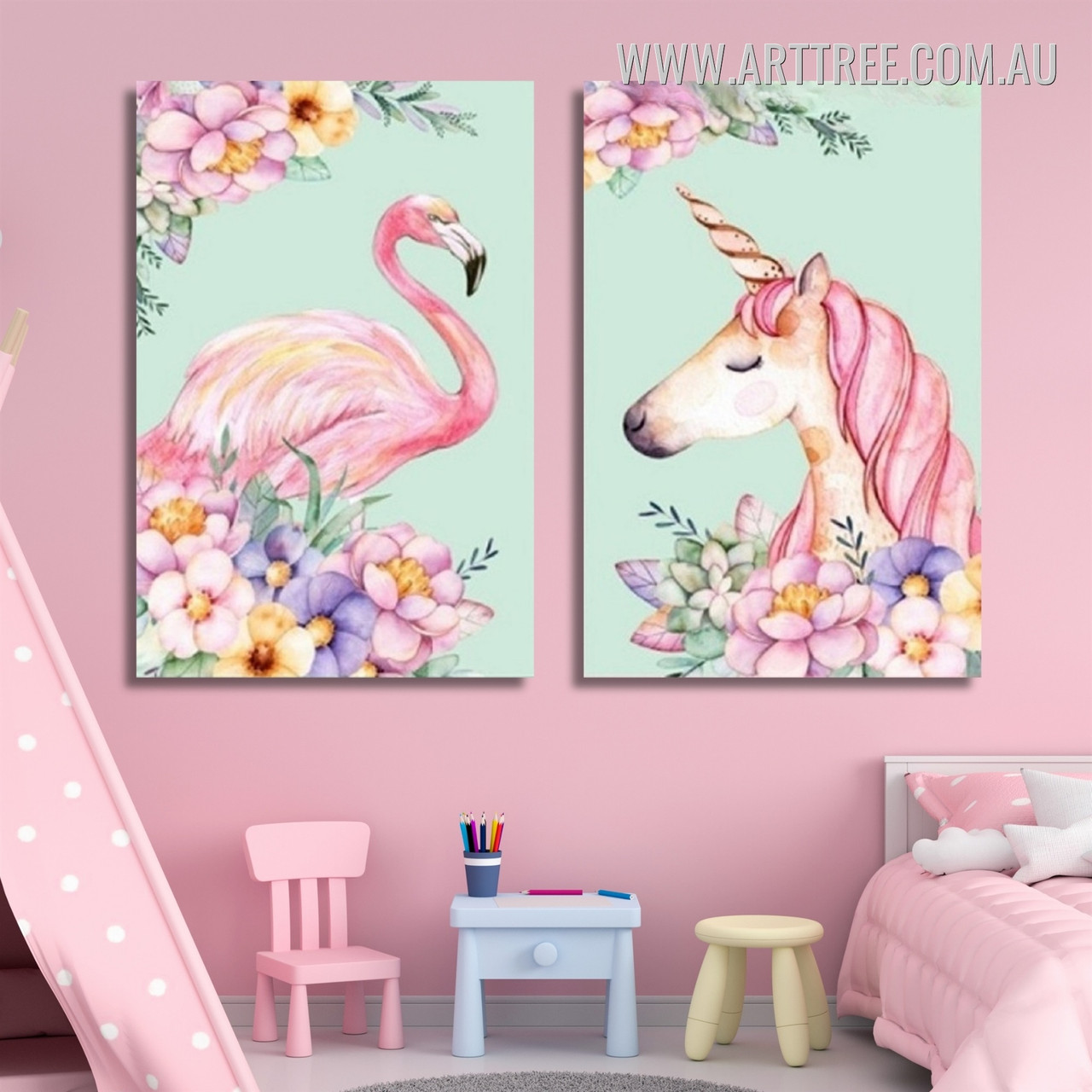 Pink Flamingo Unicorn Framed Two Piece Wall Art - arttree.com.au
