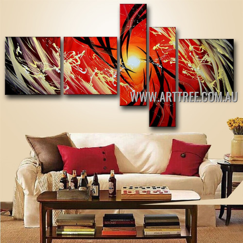 Rising Sun Red Base Abstract Modern 5 Piece Split Oil Paintings Wall Art Set For Room Wall Garniture