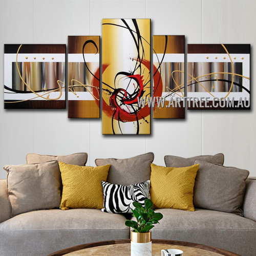 Swirl at Centre Brown Base Abstract Modern 5 Piece Split Canvas Painting Wall Art Set For Room Moulding