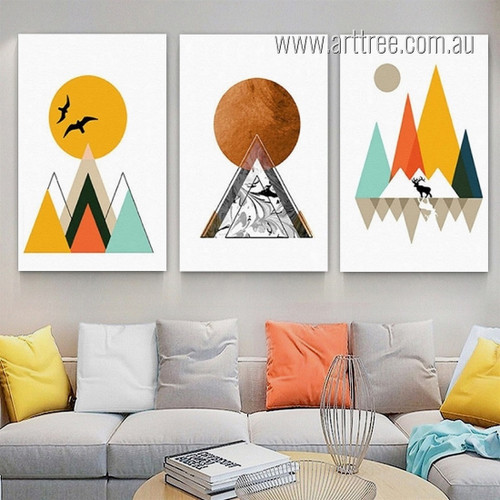 Mountain Peak Sunrise Abstract Nordic Scandinavian Painting Picture Framed Stretched 3 Panel Canvas Prints For Room Decor