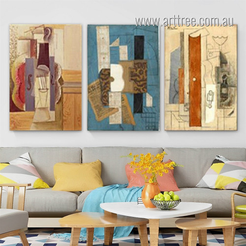 Pablo Picasso Violin Abstract Spanish Artist Cubism And Post Impressionism Stretched Framed Artwork Picture 3 Piece Canvas Wall Art Print For Room Wall Décor