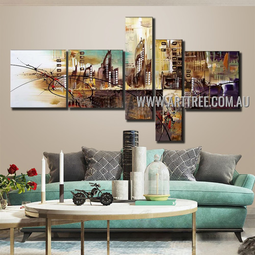 City Pattern Abstract Vintage Handmade Artist 5 Piece Multi Panel Wall Painting Art Set For Room Outfit