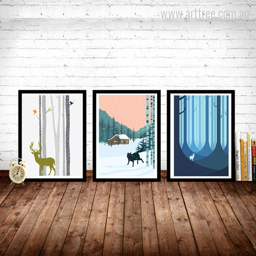 Birch Trees Deer Animal, Blue Forest and Running Dog in Snowfall