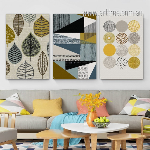 Abstract Geometric Leaves Circles Design Nordic Scandinavian Painting Picture Framed Stretched 3 Panel Canvas Prints For Room Decor