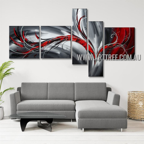 Red & Black Simple Modern Artwork Abstract Handmade Artist 5 Piece Multi Panel Canvas Oil Painting Wall Art Set For Room Decor