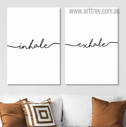 Black & White Minimalist Inhale Exhale Letters Artwork Image Framed Stretched 2 Piece Canvas Wall Art Prints For Room Trimming