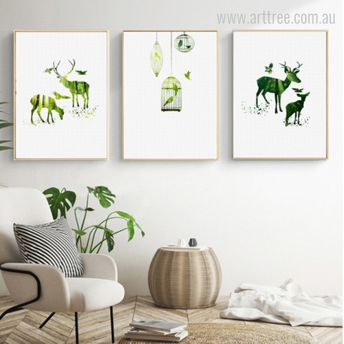 Green Deer Animal and Parrots in Cage Photo Wall Art