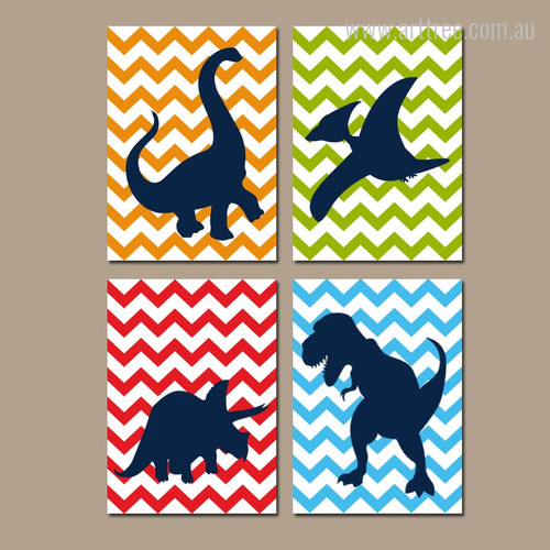 Dinosaur Cartoon Series Set Wave Background Nursery Kids Wall Art