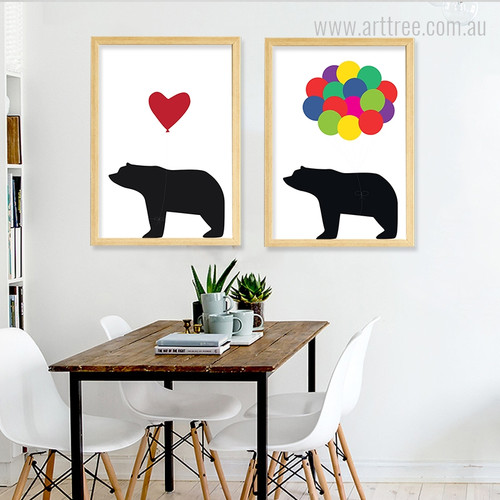 Cute Bear Animal Heart Balloons Nursery Art Set