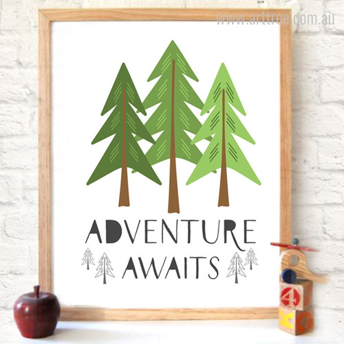 Adventure Awaits Quote Spruce Trees Children's Wall Art