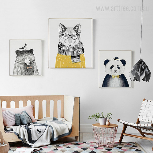 Bear, Fox, Giant Panda Animals Nordic Wall Art Set