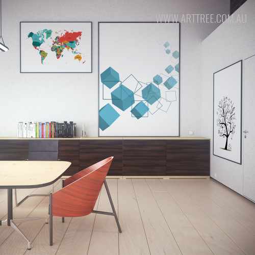 Atlas World Map, Blue Geometric Square and Cubes Canvas Prints