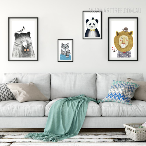 Grey Bear, Blue Fox, Panda, Lion Wild Animal Prints