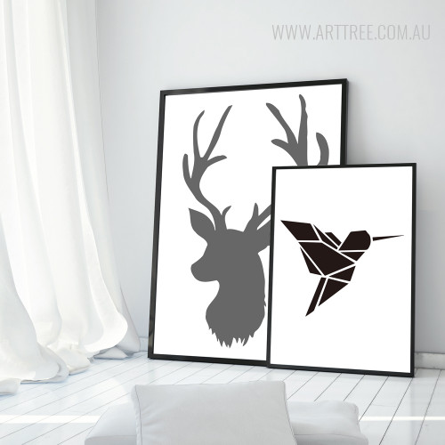 Nordic Silhouette Bird, Deer Black and White Animal Wall Art