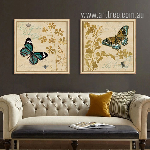 Retro Style Golden Buttercup Flowers and Butterfly Wall Art Prints