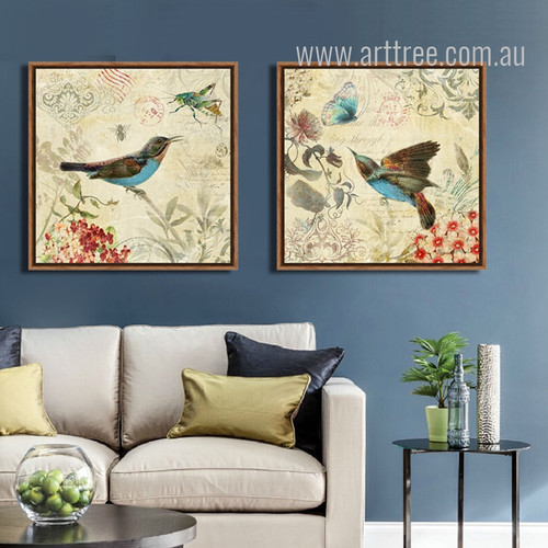 Blue Hummingbird, Bee and Butterfly Retro Canvas