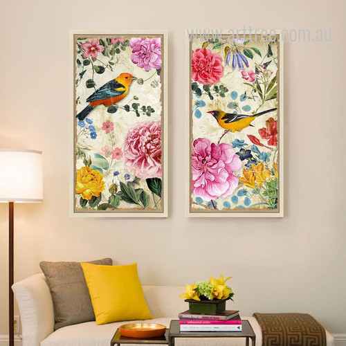 Retro Style Birds and Flowers Combination Long Vertical Wall Art