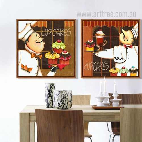 Retro Style Chef with Cup Cakes Desserts Art Set