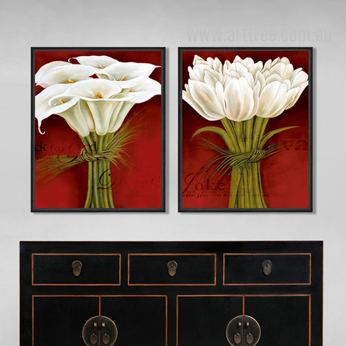 Retro Design Tulips Bouquet White Flower Wall Art