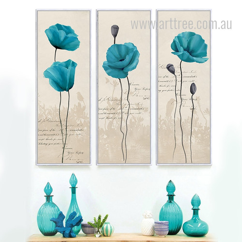 Retro Style Blue Poppy Flower Long Vertical Wall Art
