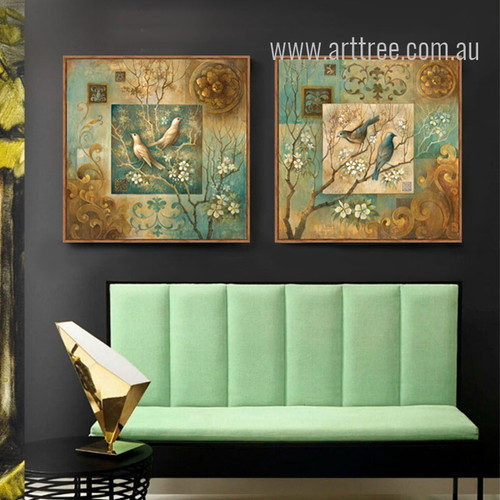 Combination of Tree, Birds and Flowers Retro Poster Prints