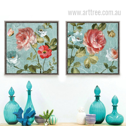 Light Blue Background Peony Floral Butterfly Retro Prints