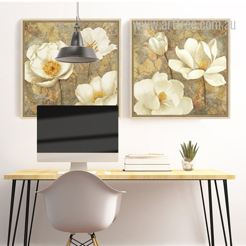 Retro Style Golden White Magnolia Floral Wall Art