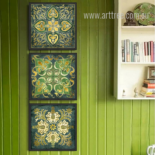 Retro Style Emerald Indian Pattern 3 Piece Wall Art