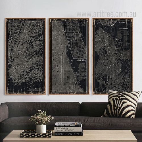 Black and White New York, Chicago, Boston City Map Oversized Canvas Art