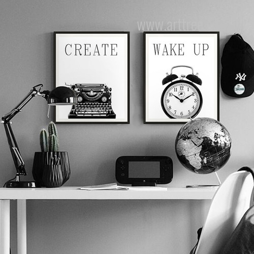 Retro Vintage Typewriter, Wakeup Clock Black and White Canvas Prints