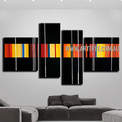Colorful Lines on Black Base Abstract Handmade 4 Piece Split Oil Painting For Décor