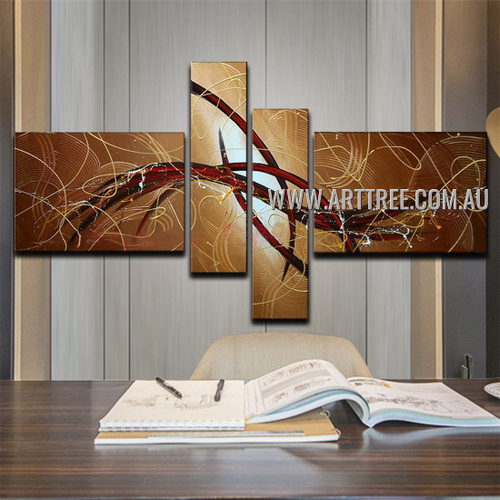 Red Streaks With Brown Base Abstract Handmade 4 Piece Split Wall Painting For Wall Onlay