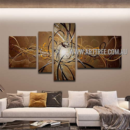 Black Streaks With Brown Base Abstract Handmade 4 Piece Split Oil Painting For Wall Onlay