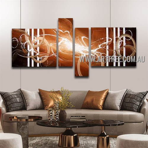 White Stripes with Brown Base Abstract Handmade 4 Piece Split Canvas Art For Room Onlay