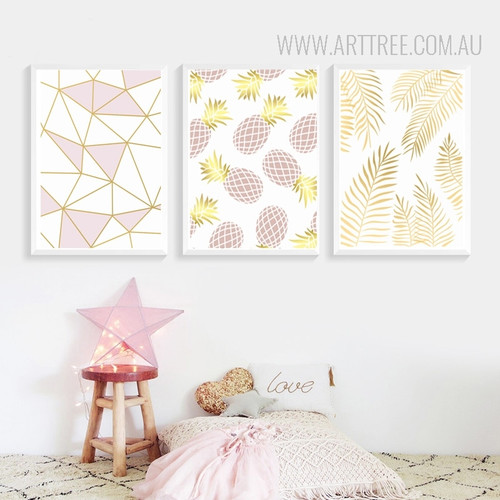 Purple Golden Geometric Lines Pineapple Leaves Modern Art