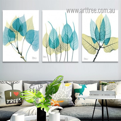 Abstract Watercolor Blue Leaves Botanical Painting Photo Framed Stretched 3 Piece Canvas Art Prints For Room Wall Drape