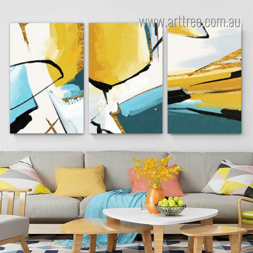 Yellow Base Modern Artwork Image Framed Stretched 3 Piece Abstract Wall Art Canvas Prints For Room Assortment