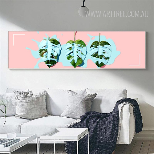 Blue Painted Leaves Panoramic Art