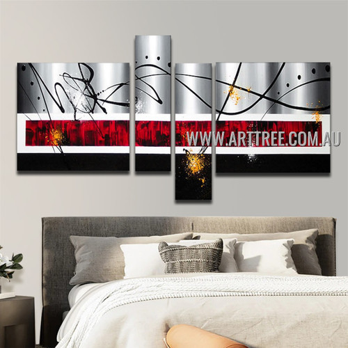 Lovely Black Streaks Abstract Handmade 4 Piece Multi Panel Wall Painting For Room Getup