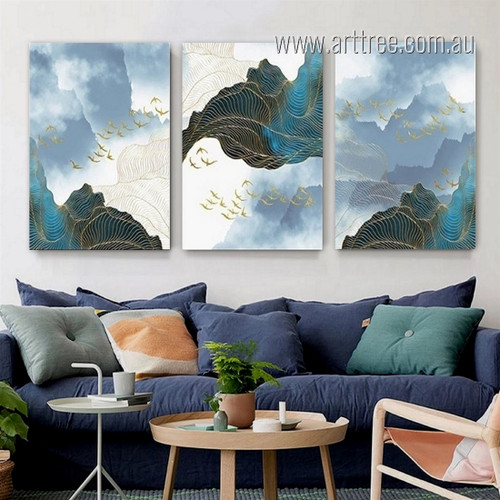 Golden Birds Modern Abstract Landscape Stretched Framed Painting Artwork Photo 3 Piece Canvas Wall Art Prints For Room Decor