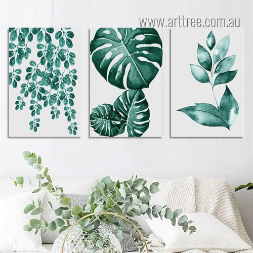 Refreshing Green Leaves Watercolour Modern Botanical Stretched Framed 3 Piece Canvas Wall Art Prints For Room Molding