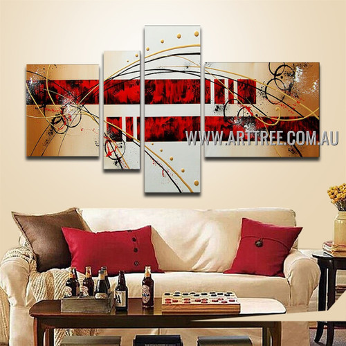 Red & Black Textured Abstract Artwork Handmade 4 Piece Split Wall Painting For Room Drape