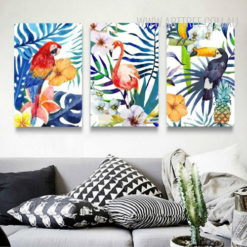 Colorful Leaves Flowers Flamingo Parrot Toucan Birds Art