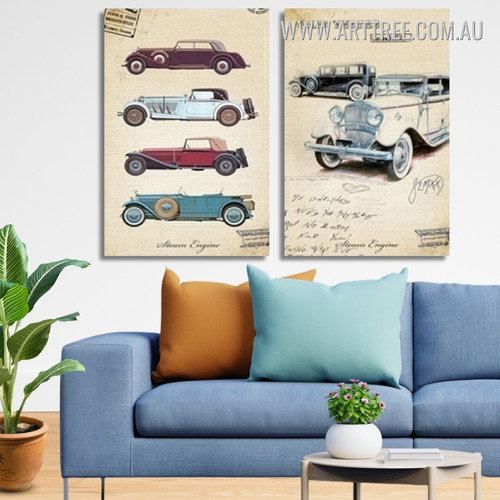 Old Times Classic Cars Abstract Vintage Framed Painting Image 2 Piece Canvas Prints For Home Decor